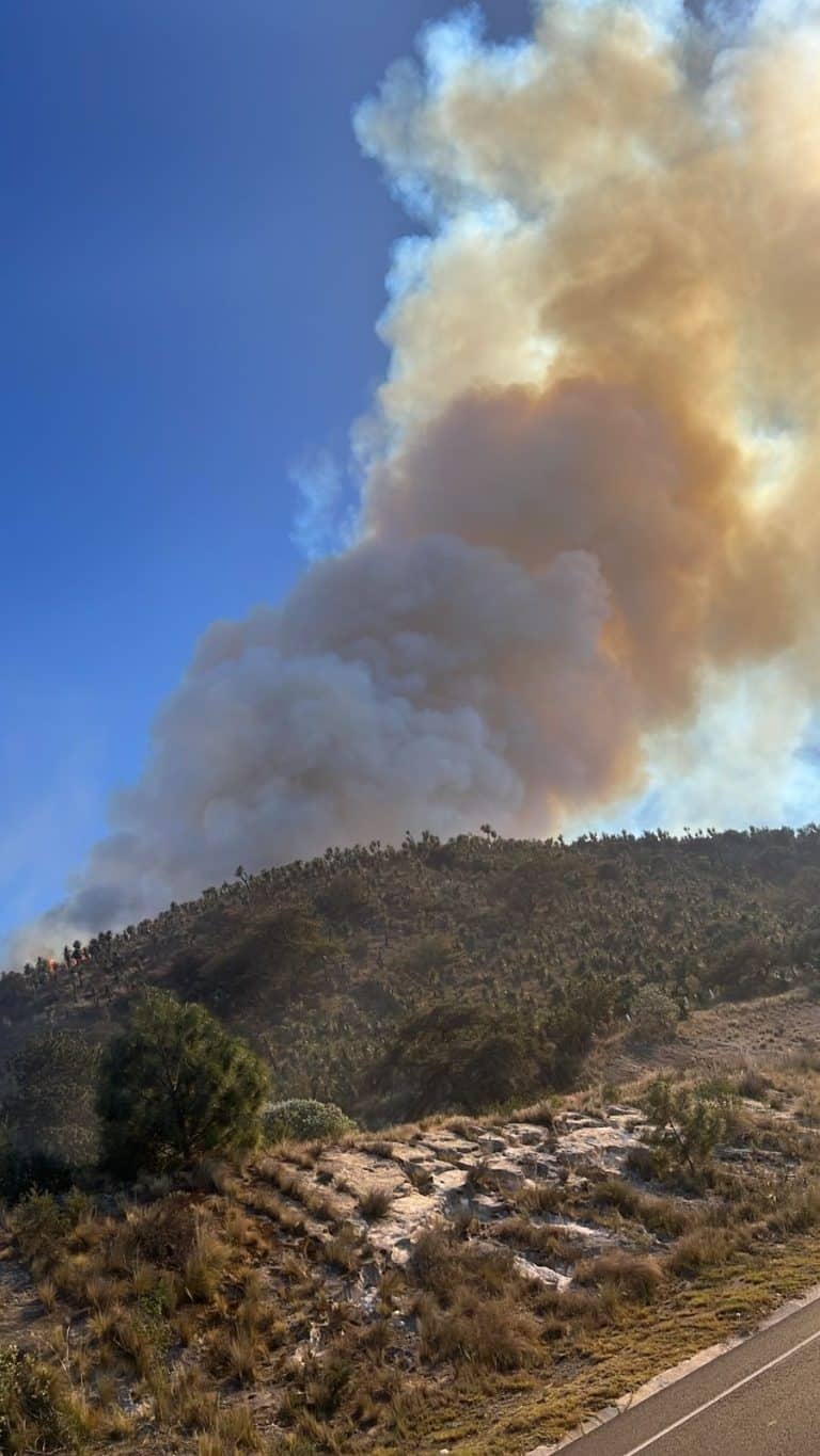 Incendio forestal en una zona montañosa con humo denso elevándose hacia el cielo en Tlaxcala, México.