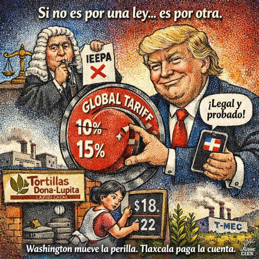 Caricatura política sobre tarifas globales, leyes y protestas en Tlaxcala, con figuras de Donald Trump y una jueza, en un estilo de dibujo satírico.