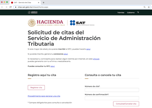 Imagen de la página web del Servicio de Administración Tributaria en México, mostrando opciones para agendar citas y consultar información fiscal.