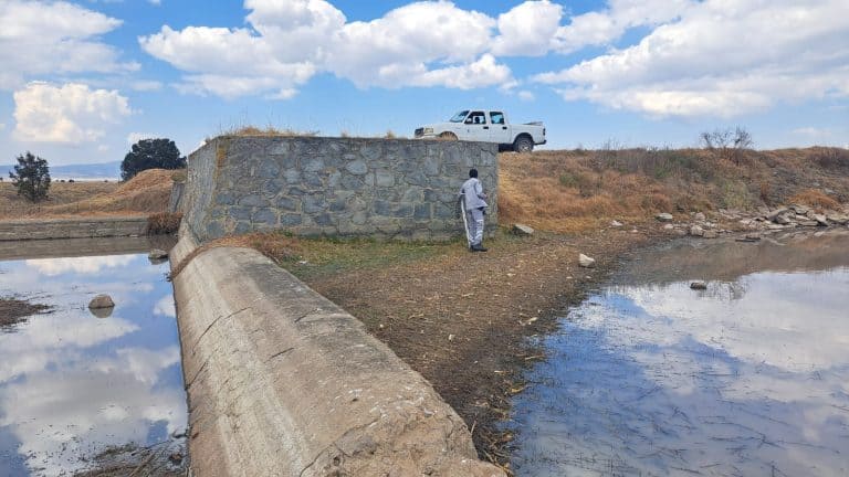 Puente de piedra sobre un cuerpo de agua con un vehículo y una persona observando desde la orilla, en un entorno natural con cielo despejado y algunos árboles en el fondo.
