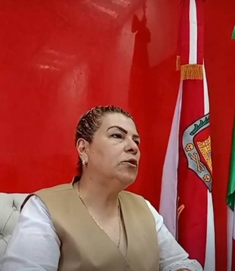 Mujer en una oficina con fondo de banderas de Tlaxcala, vestida con blusa beige y expresión seria, en un entorno oficial.