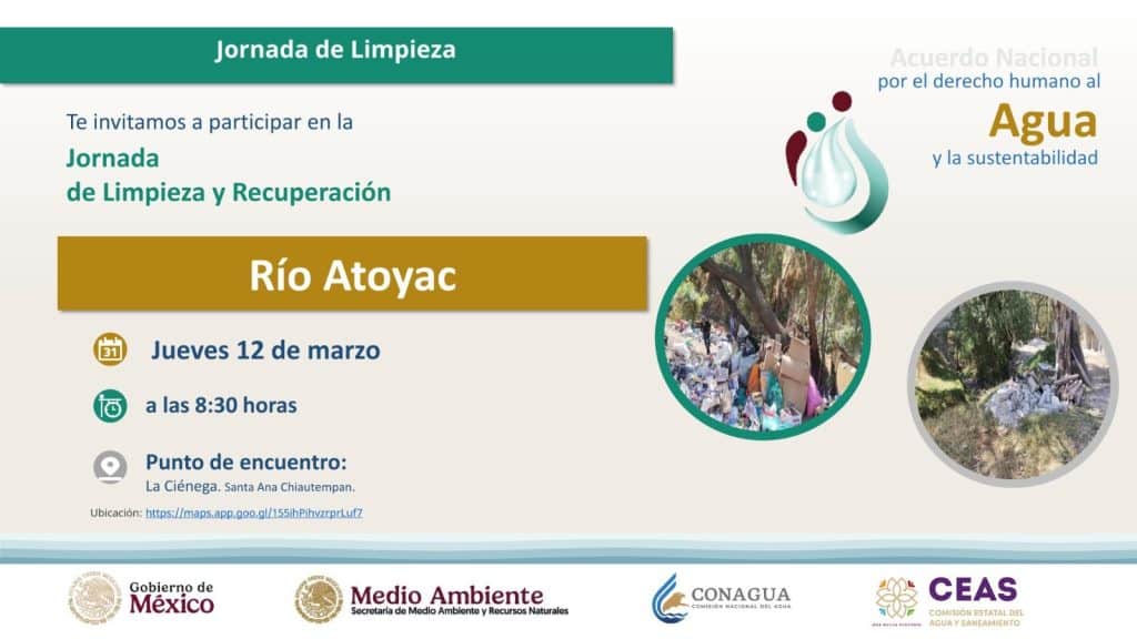 Limpieza del río Atoyac durante una jornada ambiental en Tlaxcala, con voluntarios recolectando basura en un área natural.