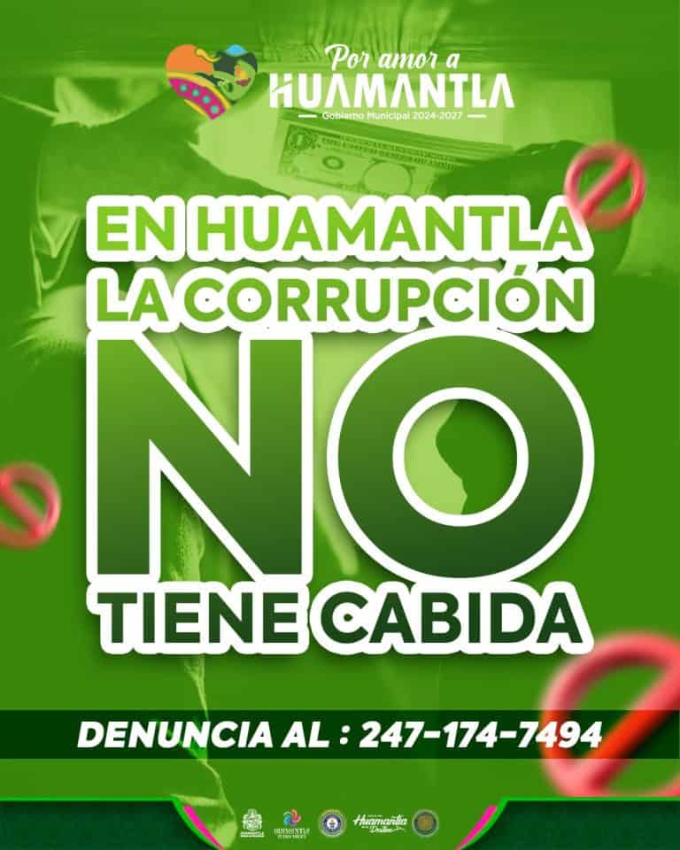 Cartel contra la corrupción en Huamantla con mensaje de denuncia y número de contacto, promoviendo la transparencia y la lucha contra la corrupción en Tlaxcala.