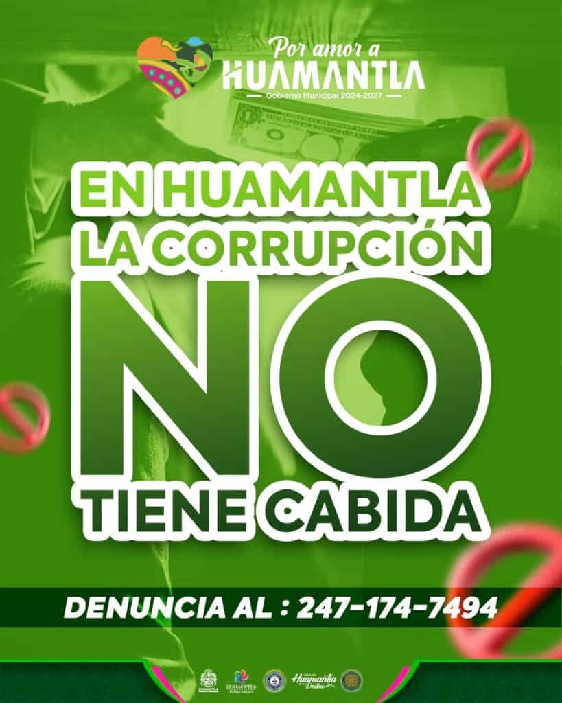 Cartel contra la corrupción en Huamantla con mensaje de denuncia y número de contacto, promoviendo la transparencia y la lucha contra la corrupción en Tlaxcala.
