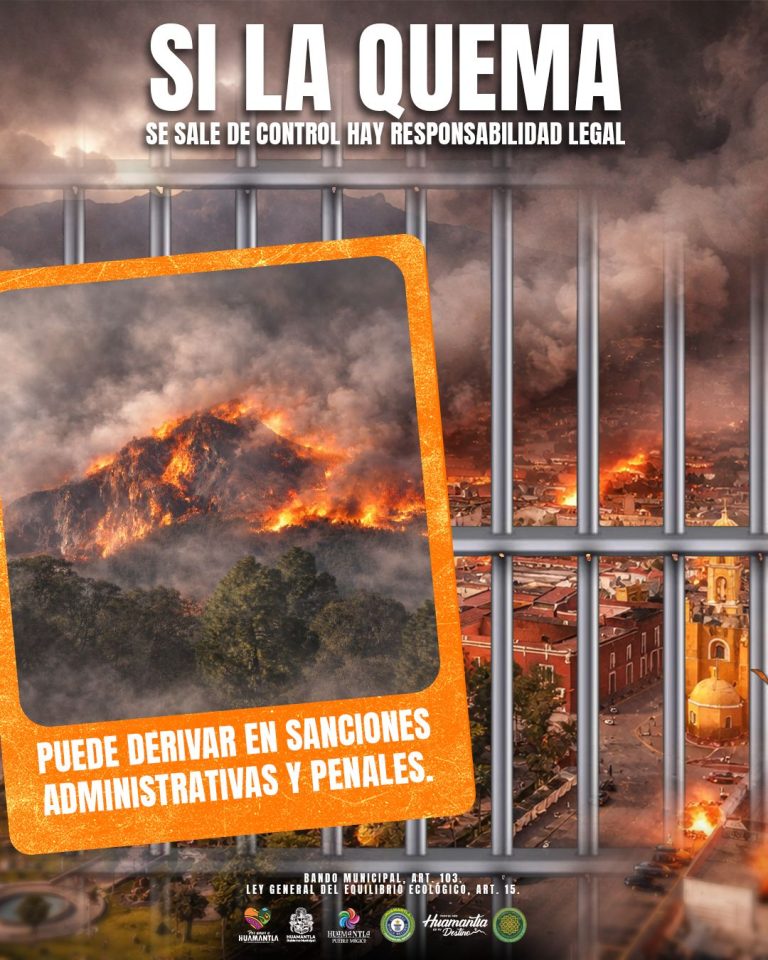 Incendio forestal en Tlaxcala con humo y llamas visibles, detrás de una reja de cárcel, con mensaje de advertencia sobre las consecuencias legales de quemar.