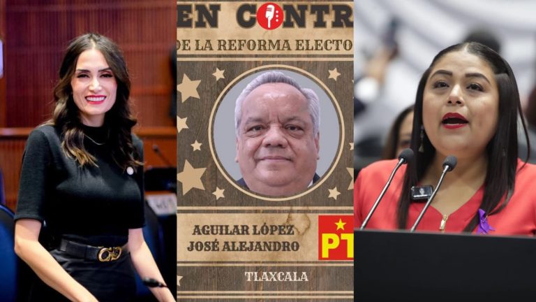 Mujer sonriente en evento político, vestida con ropa negra y cinturón dorado, en un entorno formal y profesional en Tlaxcala.