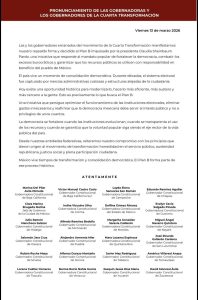 Las gobernadores y gobernadores de la Cuarta Transformación en México, en un acto de consolidación política, presentan un pronunciamiento sobre los avances y desafíos del proceso de transformación en.
