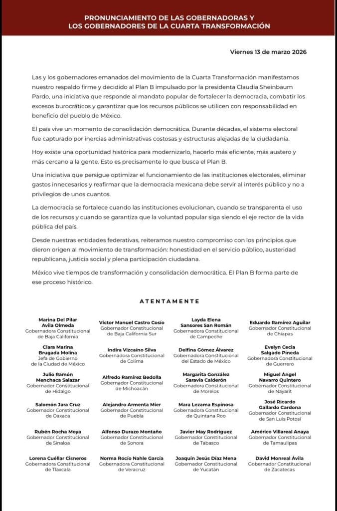 Las gobernadores y gobernadores de la Cuarta Transformación en México, en un acto de consolidación política, presentan un pronunciamiento sobre los avances y desafíos del proceso de transformación en.