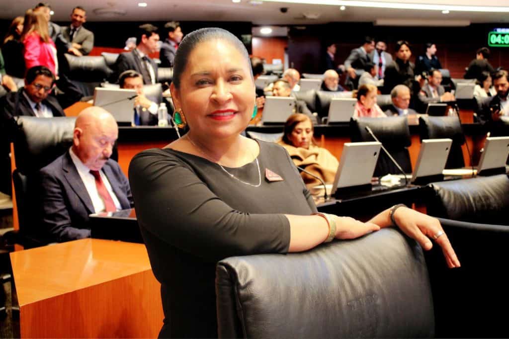 Mujer en una sesión legislativa, participando en una reunión formal en un parlamento o congreso.