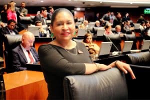 Mujer en una sesión legislativa, participando en una reunión formal en un parlamento o congreso.