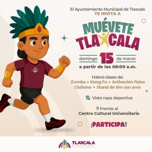 Ilustración de un niño con atuendo deportivo y corona de plumas, promoviendo la actividad física en Tlaxcala el 15 de marzo.