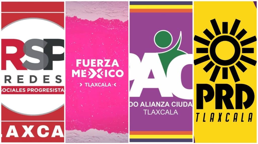 Rostros y logotipos de diferentes partidos políticos en Tlaxcala, incluyendo RSE Redes, Fuerza Mexico, Alianza Ciudadana y PRD Tlaxcala, representando la diversidad política en la región.