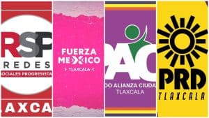 Rostros y logotipos de diferentes partidos políticos en Tlaxcala, incluyendo RSE Redes, Fuerza Mexico, Alianza Ciudadana y PRD Tlaxcala, representando la diversidad política en la región.