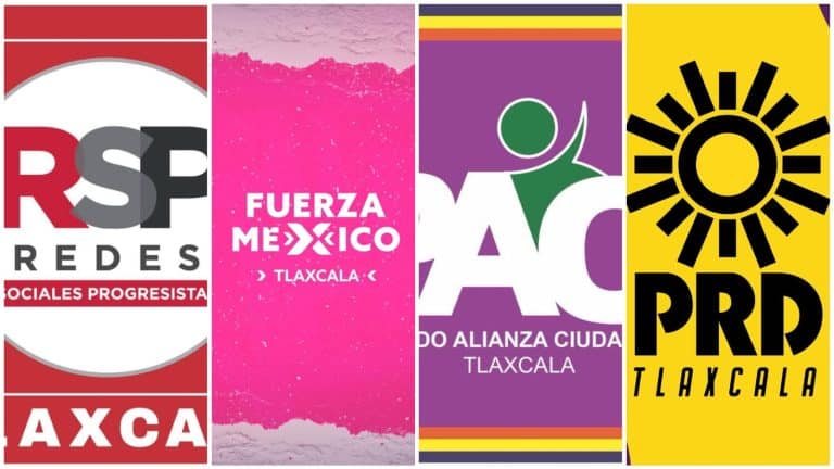 Rostros y logotipos de diferentes partidos políticos en Tlaxcala, incluyendo RSE Redes, Fuerza Mexico, Alianza Ciudadana y PRD Tlaxcala, representando la diversidad política en la región.