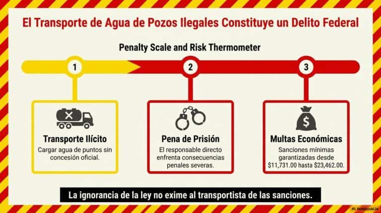 Contenedor de información sobre las sanciones por transporte ilegal de agua en Tlaxcala, con advertencias sobre delitos federales y multas económicas, en un diseño gráfico con colores llamativos.