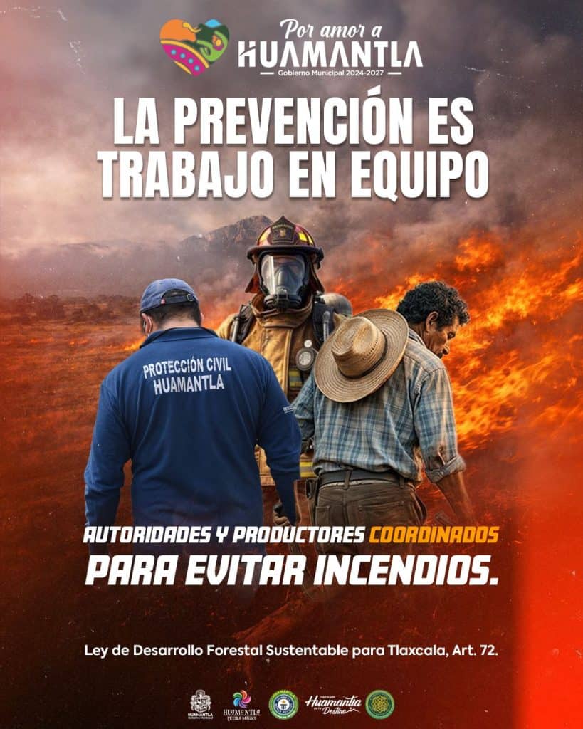 Línea 1 (ALT tag): Equipo de bomberos y protección civil en acción contra incendios forestales en Tlaxcala, México, promoviendo la prevención y trabajo en equipo.