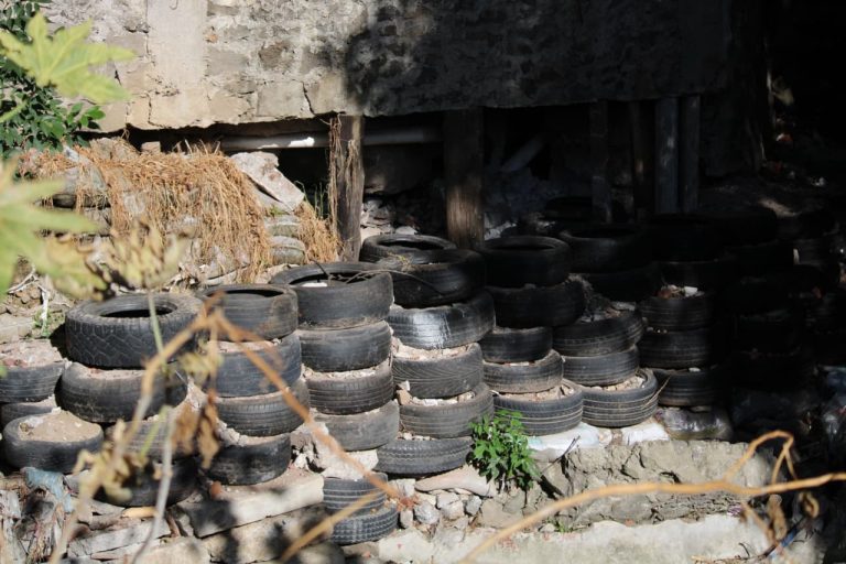 Montón de neumáticos apilados en un área al aire libre, con vegetación y estructura de madera en el fondo.