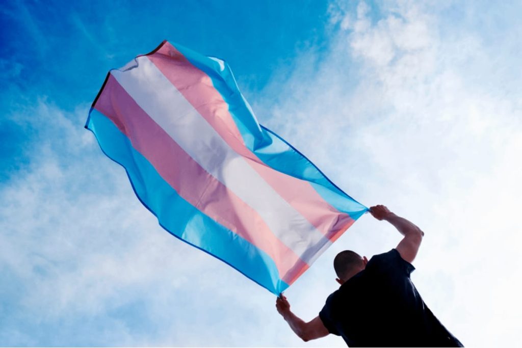 Transgénero bandera transgénero ondeada por una persona contra el cielo azul con nubes.