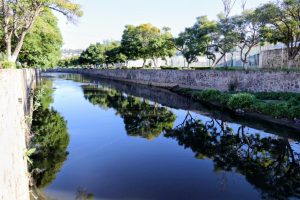 Río en Tlaxcala con árboles y muro de piedra, reflejando el cielo y la vegetación en sus aguas tranquilas.
