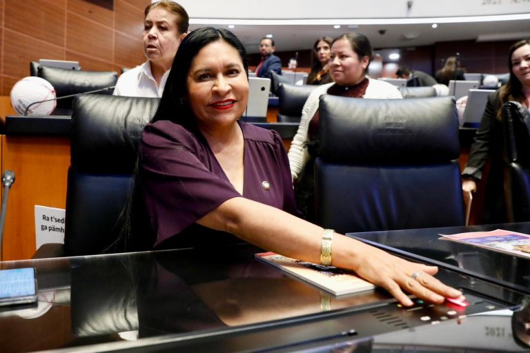 La senadora en una sesión del Congreso, sentada en una silla de cuero, con varias personas en el fondo, en un ambiente formal y de trabajo legislativo.