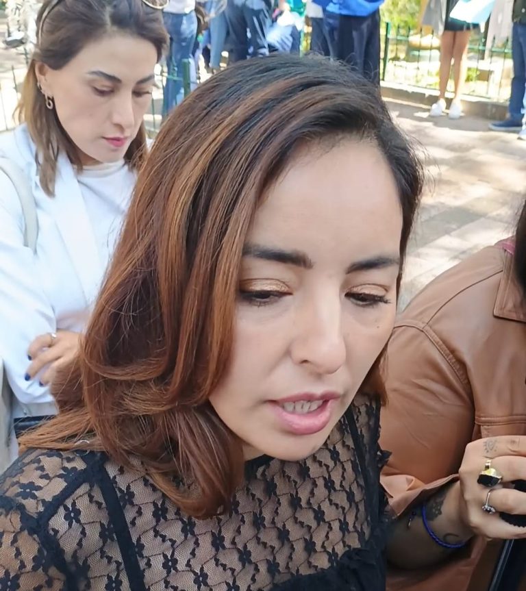 Mujer con cabello castaño y vestido de encaje negro en un evento al aire libre, con varias personas en el fondo, algunas con ropa formal y otras casual, en un ambiente de reunión social o comunitaria.
