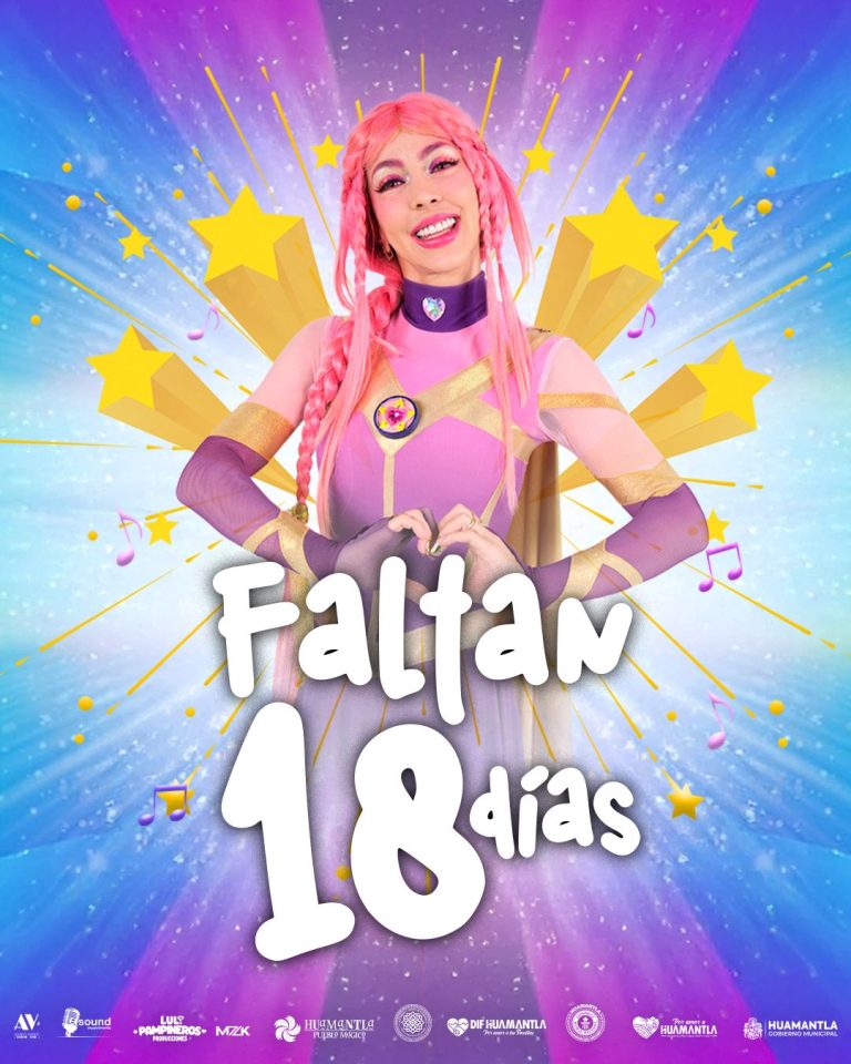 Una mujer con cabello rosa y vestimenta color rosa y morado, sonriendo con fondo de estrellas y destellos en tonos morados y azules, promocionando un evento de 18 días de duración.