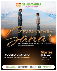 Cuidado y comunicación entre un padre y su hijo en un cartel de evento sobre hablar para sanar.