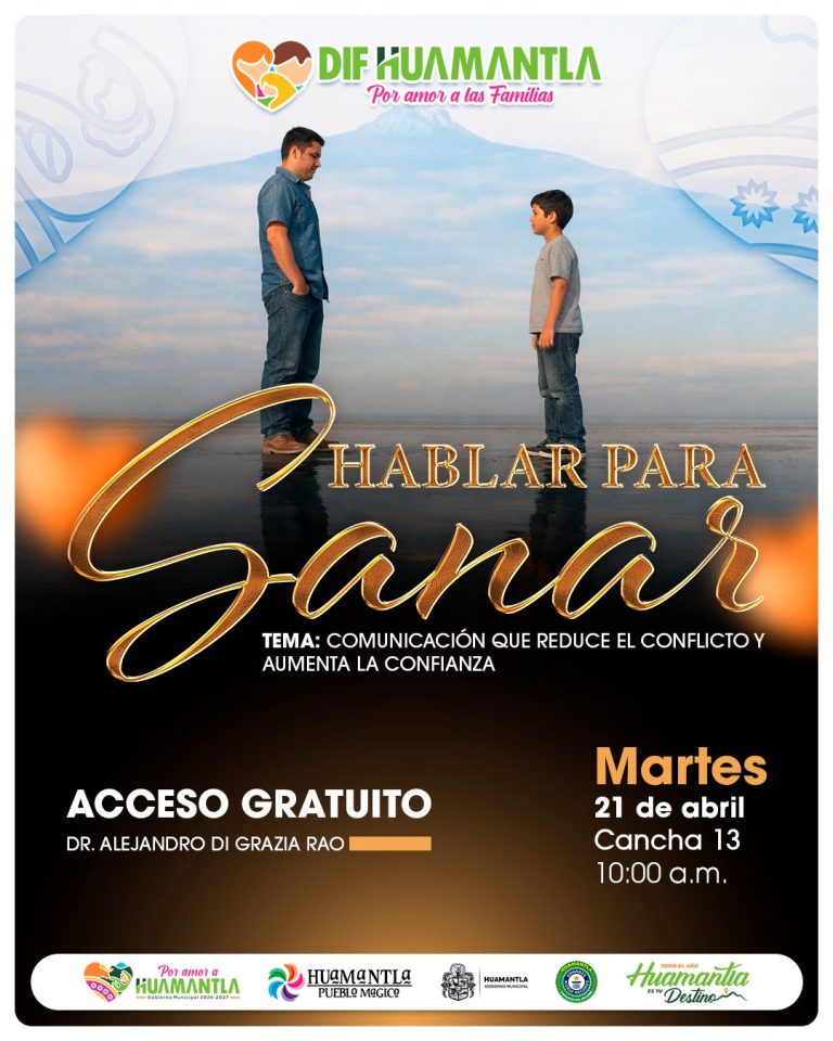 Cuidado y comunicación entre un padre y su hijo en un cartel de evento sobre hablar para sanar.