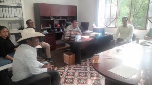 Persona en reunión de trabajo en oficina moderna con grandes ventanas y muebles de madera.