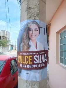 Encuesta en Tlaxcala con imagen de Dulce Silva, candidata, promoviendo su participación en la elección local.