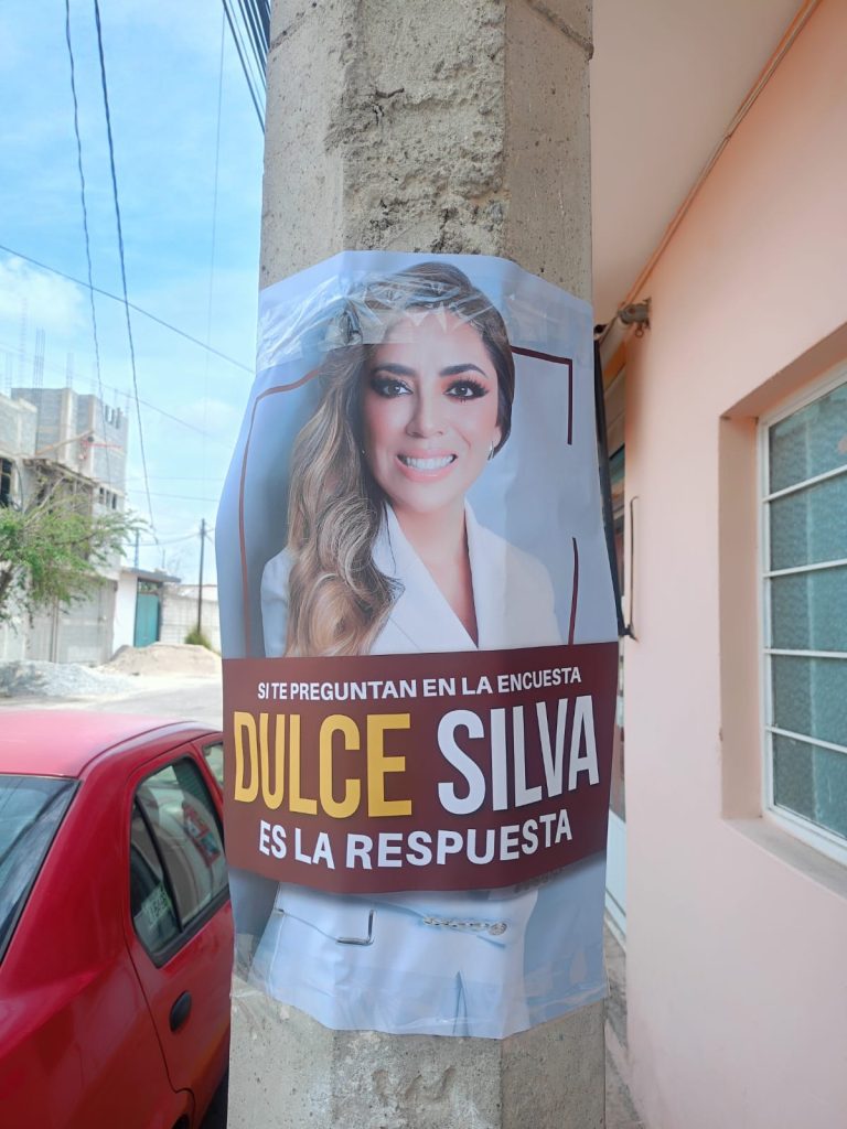 Encuesta en Tlaxcala con imagen de Dulce Silva, candidata, promoviendo su participación en la elección local.