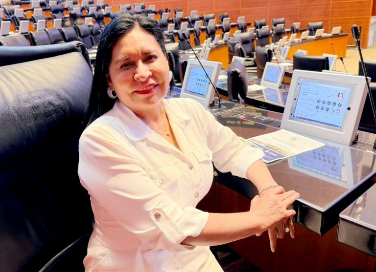 Una mujer sonriente en un recinto legislativo con asientos y pantallas digitales en el fondo, posiblemente en una sesión parlamentaria o reunión oficial.