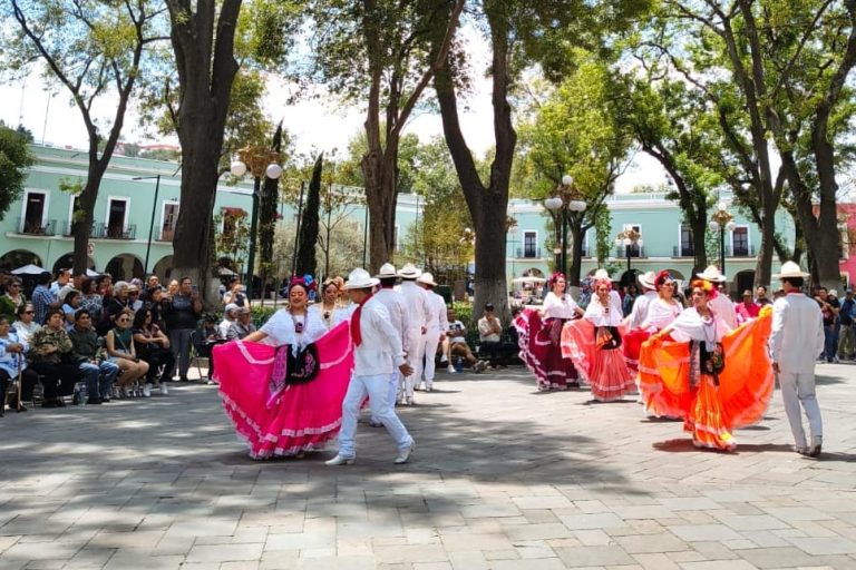 Grupo de personas bailando en una plaza pública rodeada de árboles y espectadores, con vestimenta tradicional mexicana y un ambiente festivo.