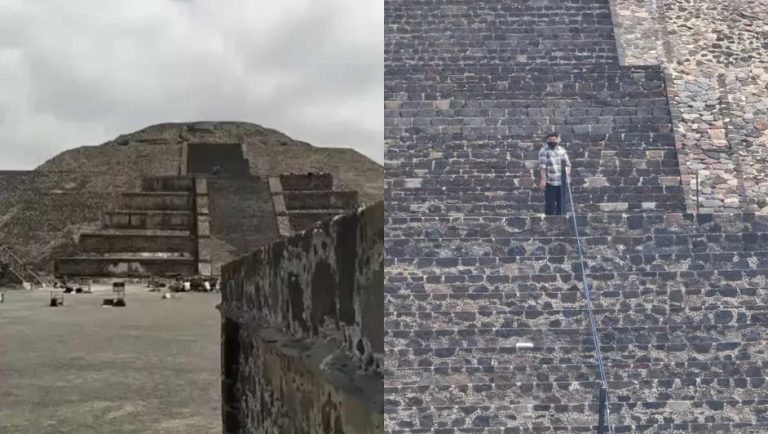 Antiguas pirámides y estructuras de piedra en un sitio arqueológico en Tlaxcala, México, con un cielo nublado en el fondo.