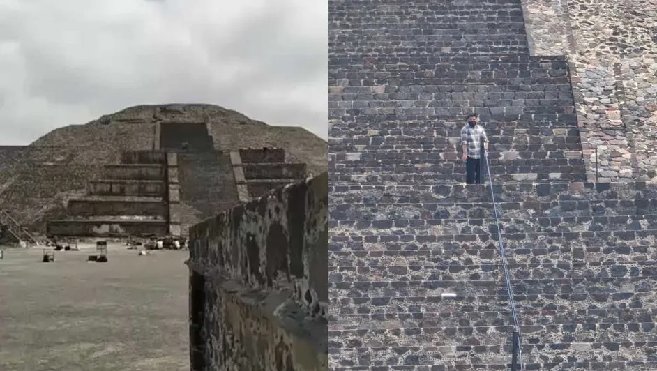 Antiguas pirámides y estructuras de piedra en un sitio arqueológico en Tlaxcala, México, con un cielo nublado en el fondo.