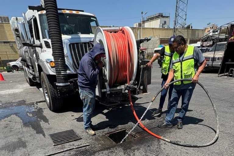 Técnicos reparando una fuga en la calle con equipo especializado y una manguera de gran tamaño en un día soleado en Tlaxcala, México.