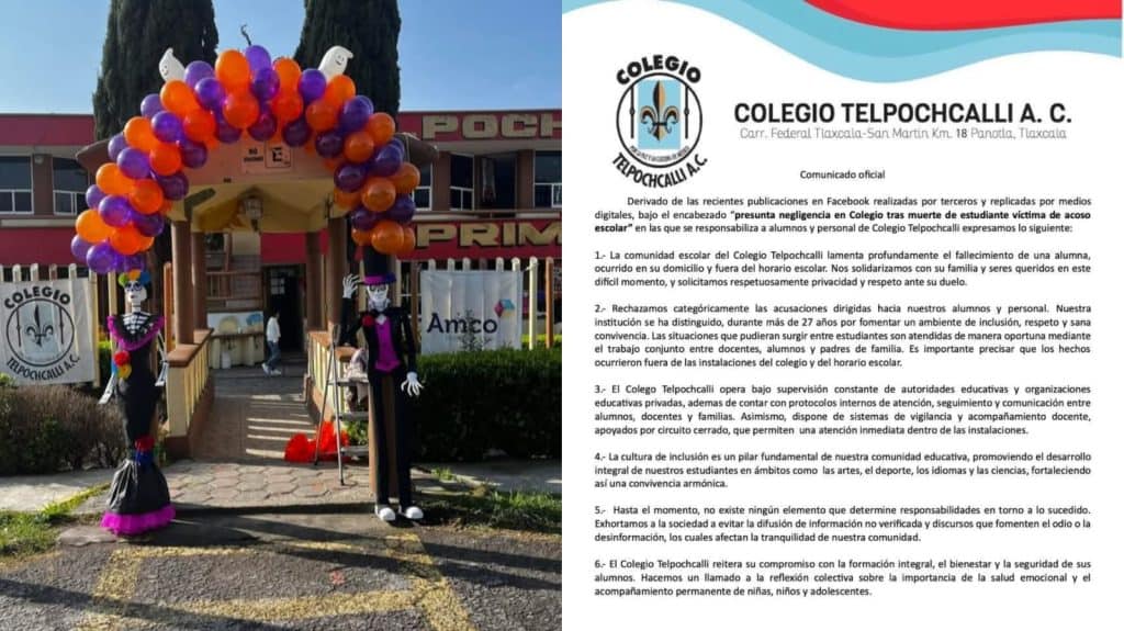 Puerta de entrada decorada con globos en colores naranja, morado y blanco, en la fachada del Colegio Telpochcalli A.C., en Tlaxcala, México, para un evento especial o celebración escolar.