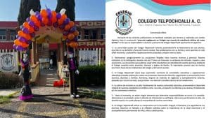 Puerta de entrada decorada con globos en colores naranja, morado y blanco, en la fachada del Colegio Telpochcalli A.C., en Tlaxcala, México, para un evento especial o celebración escolar.