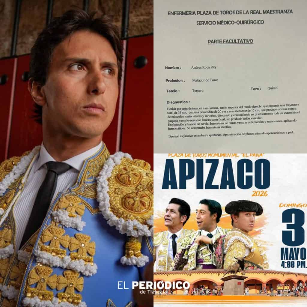 Matador de toros en traje de luces en una corrida en Tlaxcala, con fondo de cartel y público.