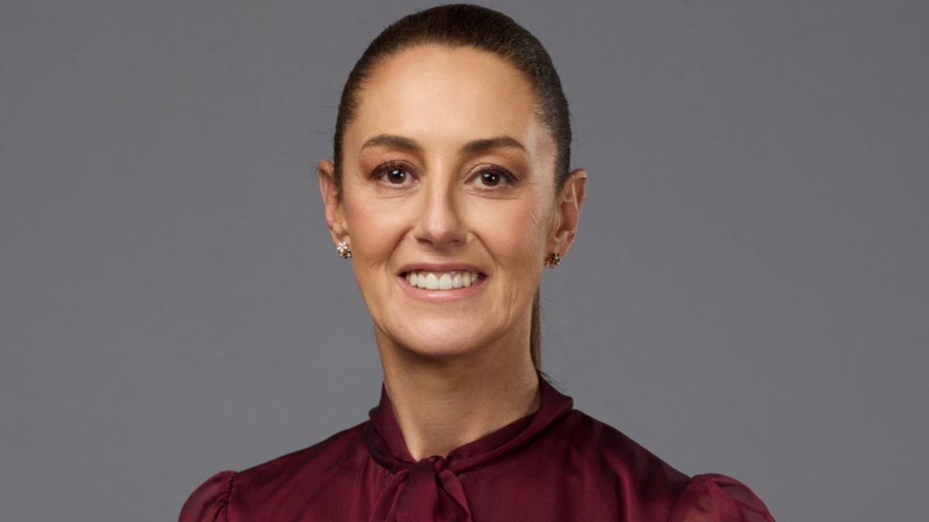Mujer sonriente con cabello recogido, vestida con blusa de color burdeos, en fondo gris liso, mostrando confianza y profesionalismo en una fotografía de retrato.