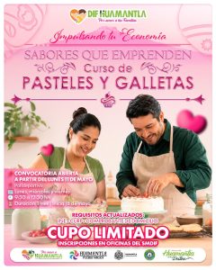 Pareja cocinando pasteles y galletas en un ambiente colorido y acogedor, promoviendo curso de repostería en Tlaxcala, México.