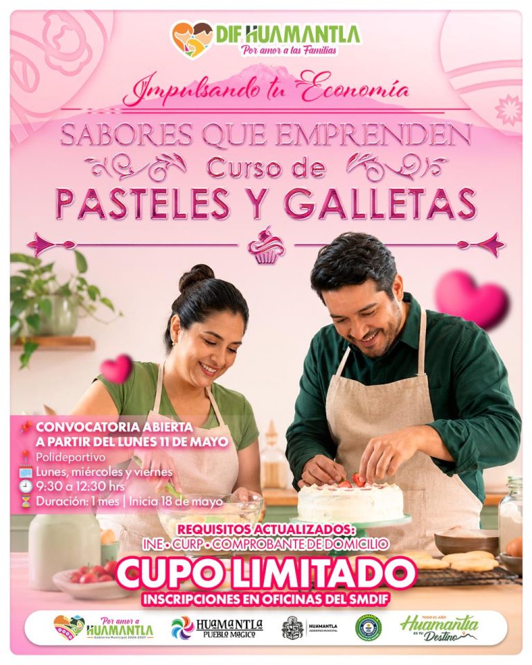 Pareja cocinando pasteles y galletas en un ambiente colorido y acogedor, promoviendo curso de repostería en Tlaxcala, México.