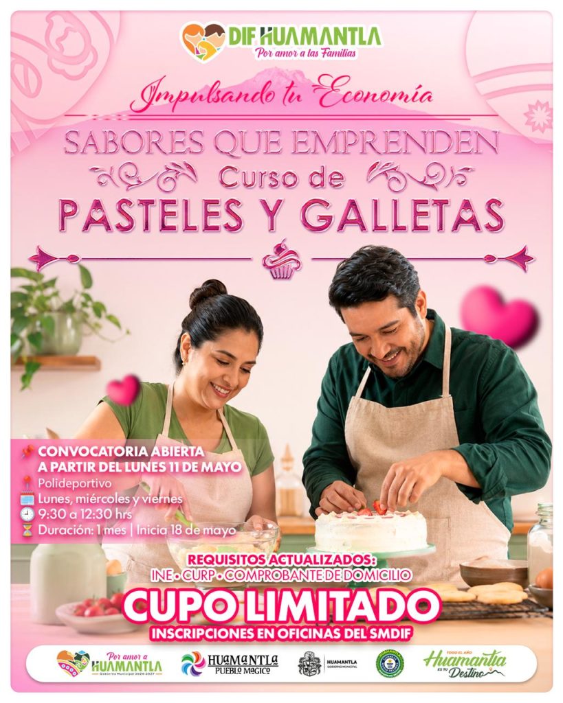 Pareja cocinando pasteles y galletas en un ambiente colorido y acogedor, promoviendo curso de repostería en Tlaxcala, México.