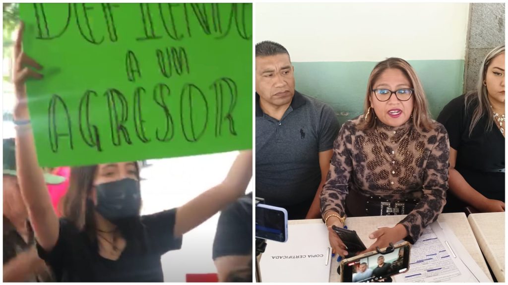 Manifestante con cartel que dice "Detengan a un agresor" en una protesta pública en Tlaxcala.