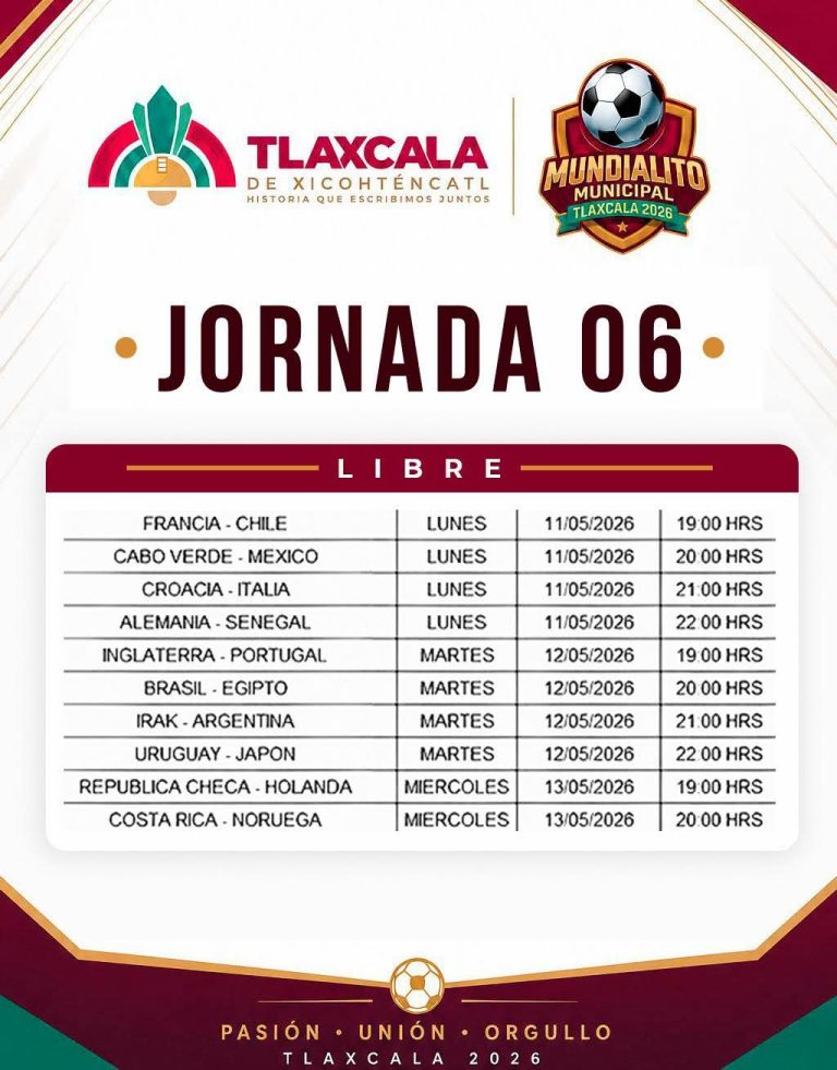 Partes de un cartel de programación de partidos de fútbol en un evento llamado Mundialito Municipal Tlaxcala 2026.