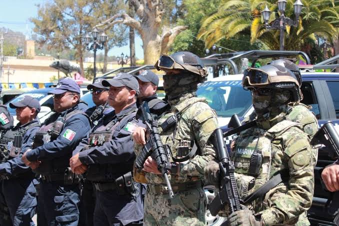 Grupo de policías y militares en formación durante una operación en un espacio público, con vehículos y árboles de fondo.