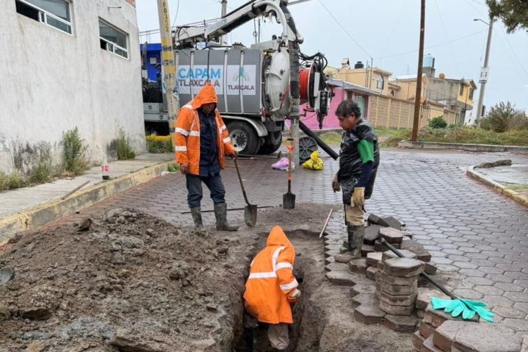 Mejorando la calle con trabajo de pavimentación en Tlaxcala, personal de obras públicas realiza labores de reparación y colocación de adoquines en una zona urbana.