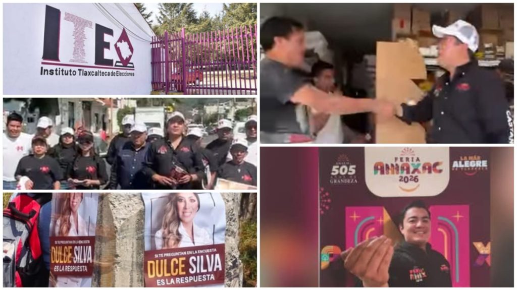 Policías y voluntarios distribuyendo ayuda en un evento comunitario en Tlaxcala, con presencia de jóvenes y campañas de sensibilización en un entorno urbano y social.