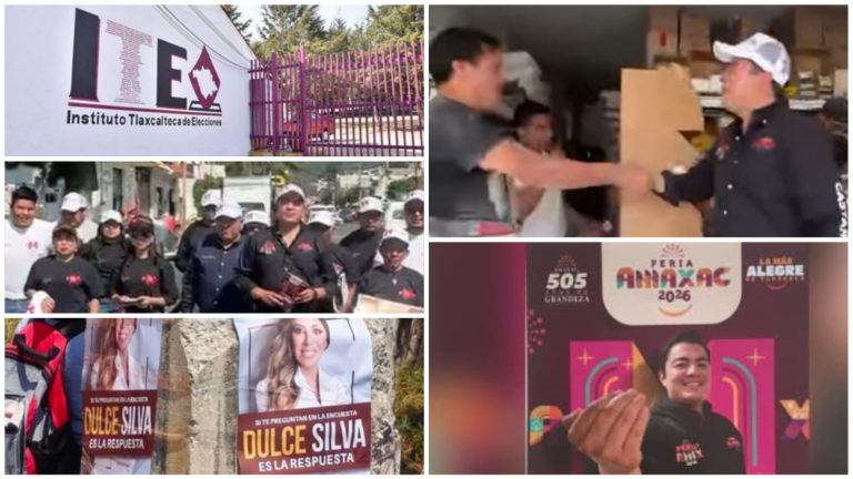 Policías y voluntarios distribuyendo ayuda en un evento comunitario en Tlaxcala, con presencia de jóvenes y campañas de sensibilización en un entorno urbano y social.