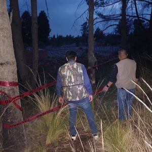 Dos hombres inspeccionan un área forestal cercada con cinta de advertencia en un entorno natural al atardecer.